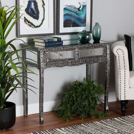BAXTON STUDIO Wycliff Industrial Glam and Luxe Silver Finished Metal and Mirrored Glass 2Drawer Console Table 213-12007-ZORO